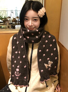 2026新款韩系费尔岛小鹿针织围巾女冬季学生保暖可爱花边毛线围脖