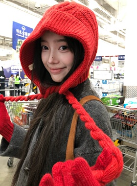 韩系显脸小巴拉克拉法帽女秋冬季保暖毛线帽红色包头护耳针织帽子