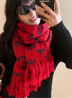 出口日本原单时尚双面流苏围巾女冬季高级感针织围脖新款保暖披肩