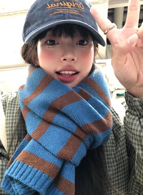 ins复古撞色条纹针织围巾女冬季新款百搭学生情侣保暖毛线围脖男