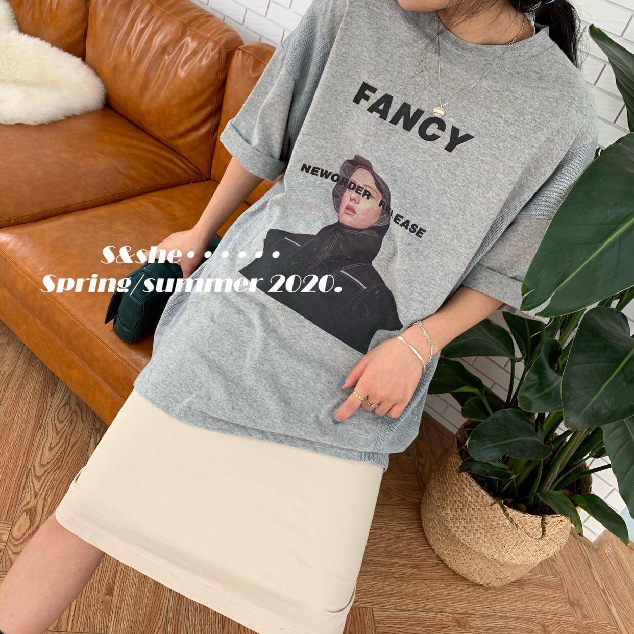 2020春夏装s&she复古人像印花拼接针织面料宽松休闲百搭短袖T恤女