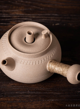 原矿粗陶手工穿心侧把砂铫壶煮茶
