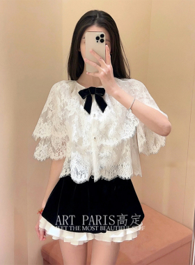 双层蕾丝】看实拍~法式复古千金风白色蕾丝衬衫斗篷短袖上衣女夏