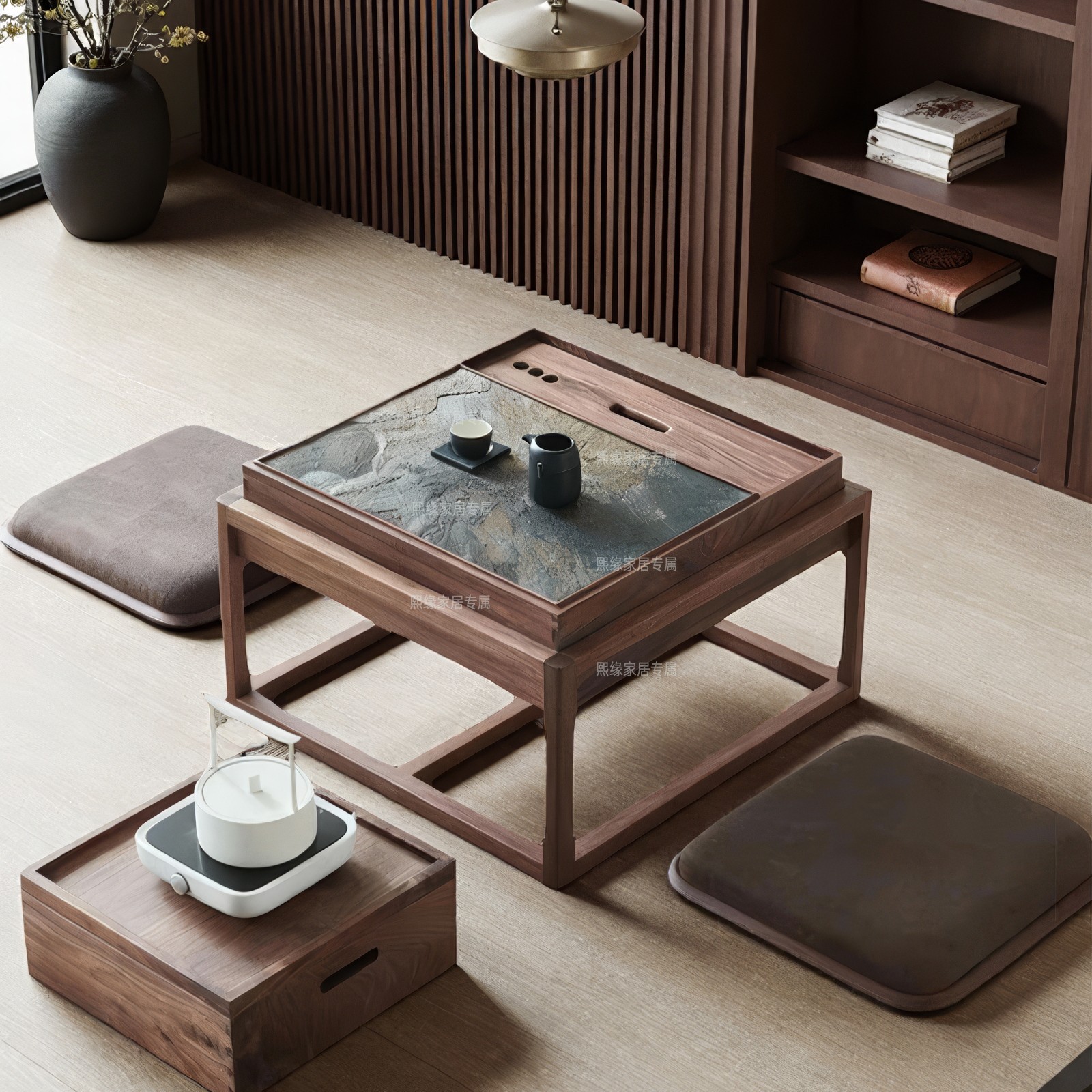 新中式实木小茶桌北美黑胡桃木飘窗泡茶桌高级榻榻米聚会小型茶桌