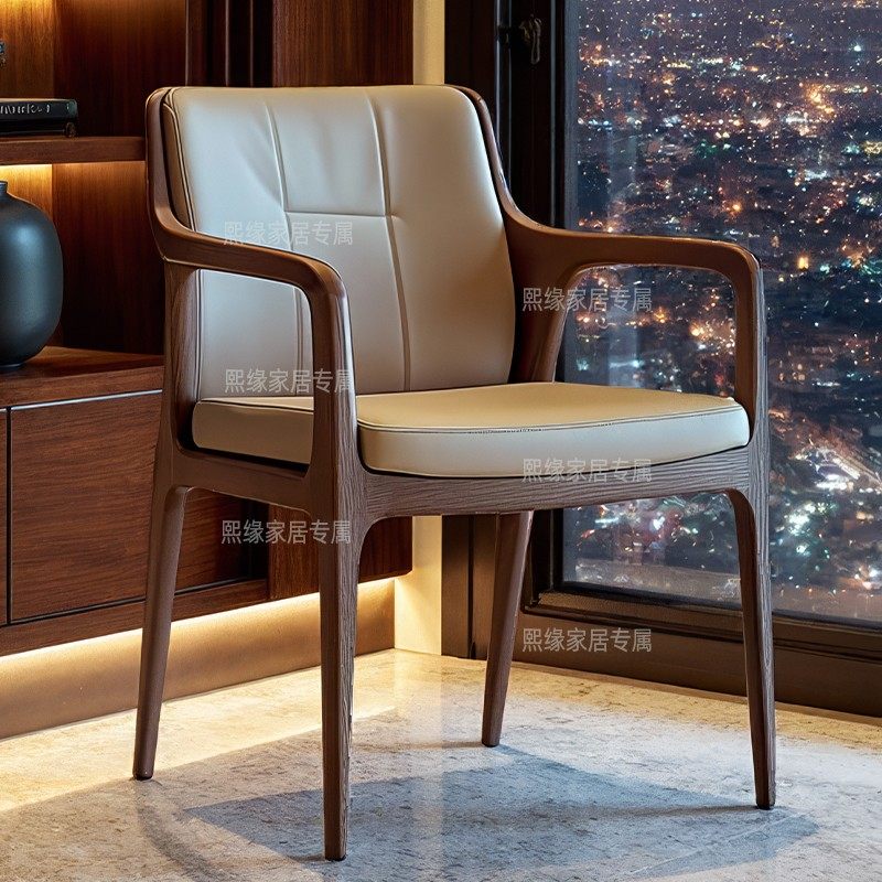 轻奢意式北美黑胡桃木2025新款现代实木餐椅酒店扶手椅真皮靠背椅