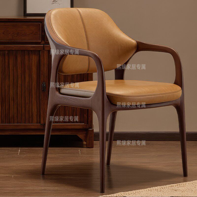 北美黑胡桃木单人实木新款餐椅高端酒店极简家用真皮软包靠背椅子