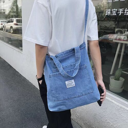 森系牛仔女包帆布斜挎包大容量购物袋妈妈包通勤包学生书包补课袋