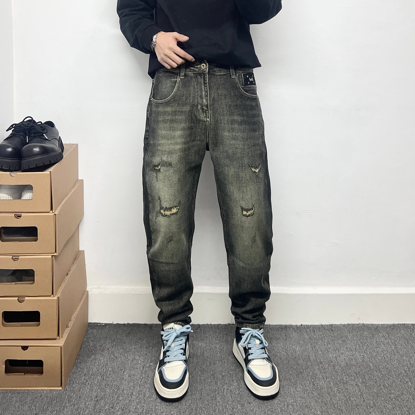 复古做旧假破洞弹力牛仔裤男款修身显瘦锥形裤春秋新款小脚九分裤