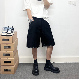 重工潮牌黑色牛仔五分裤男士宽松发型师短裤金属装饰阔腿中裤夏季