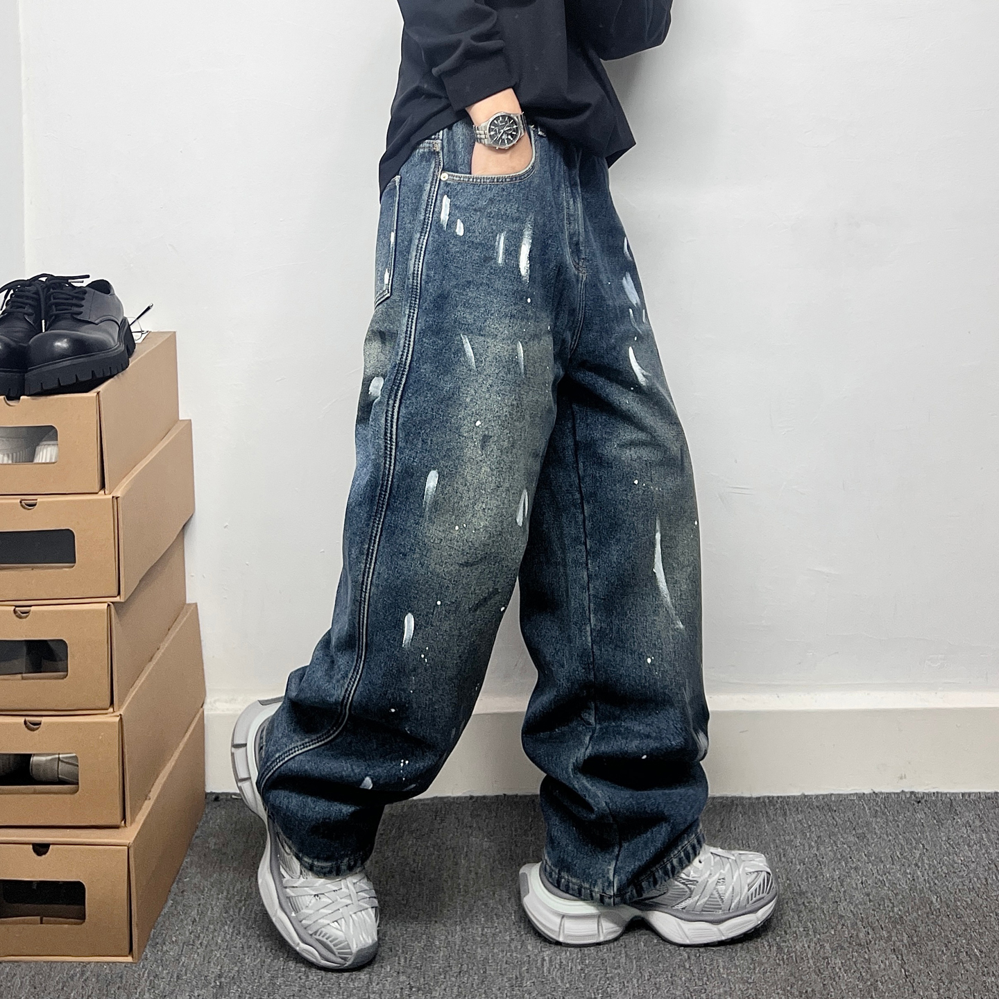 美式复古水洗泼墨设计加绒加厚牛仔裤男冬季直筒裤痞帅潮牌长裤子