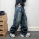 复古水洗泼墨设计加绒加厚牛仔裤 男冬季 直筒裤 美式 痞帅潮牌长裤 子