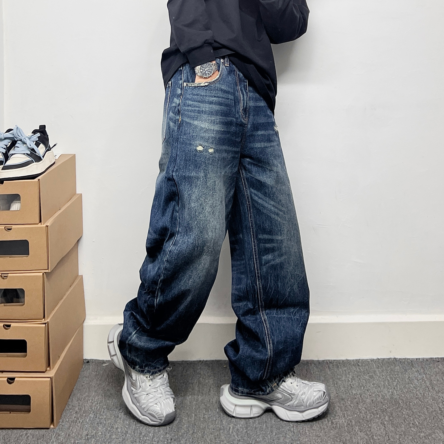 美式休闲青年痞帅怀旧蓝色直筒牛仔裤男美式高街百搭宽松直筒长裤