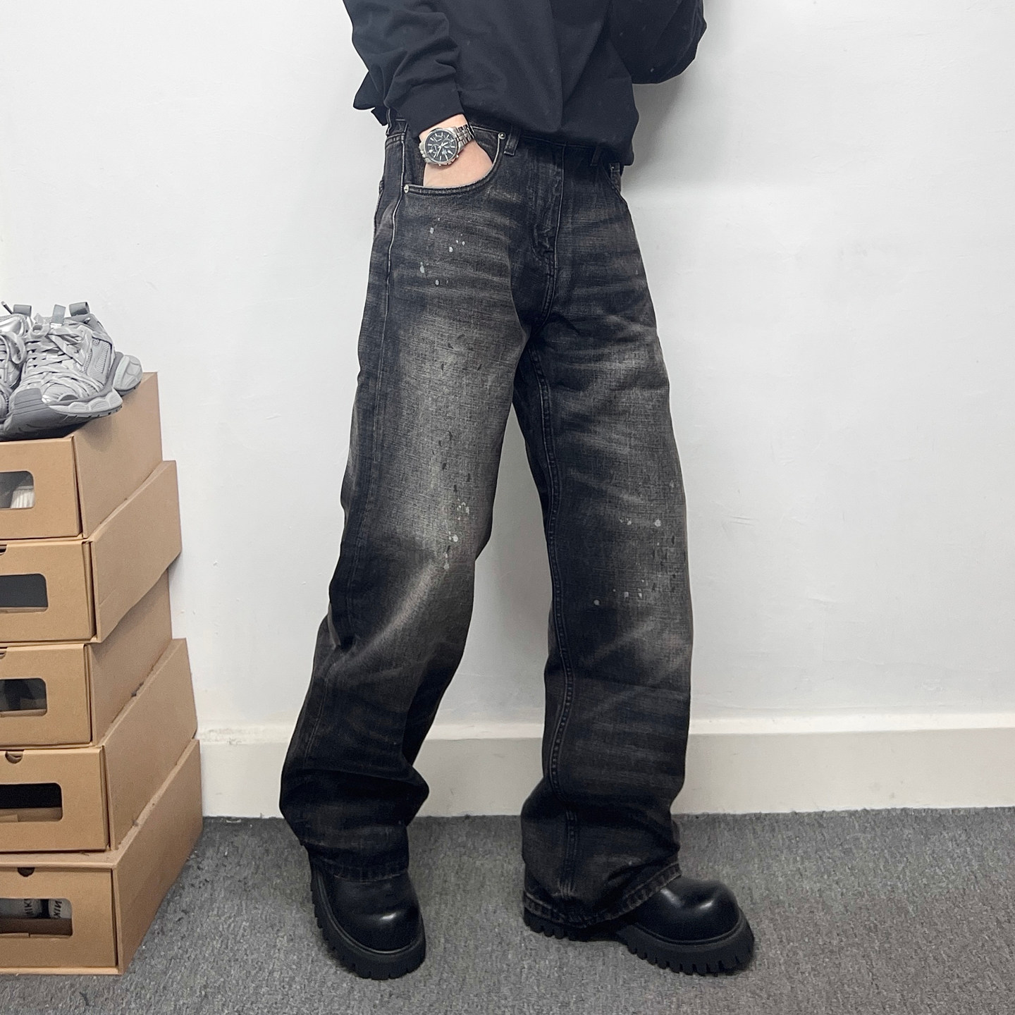 潮牌复古做旧水洗黑灰色泼墨微喇叭牛仔裤男直筒宽松美式高街长裤,男装,牛仔裤,淘宝优惠券,粉丝福利购,淘宝优惠卷