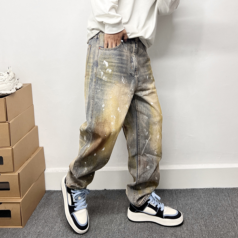 美式复古做旧泼墨微垮牛仔裤男