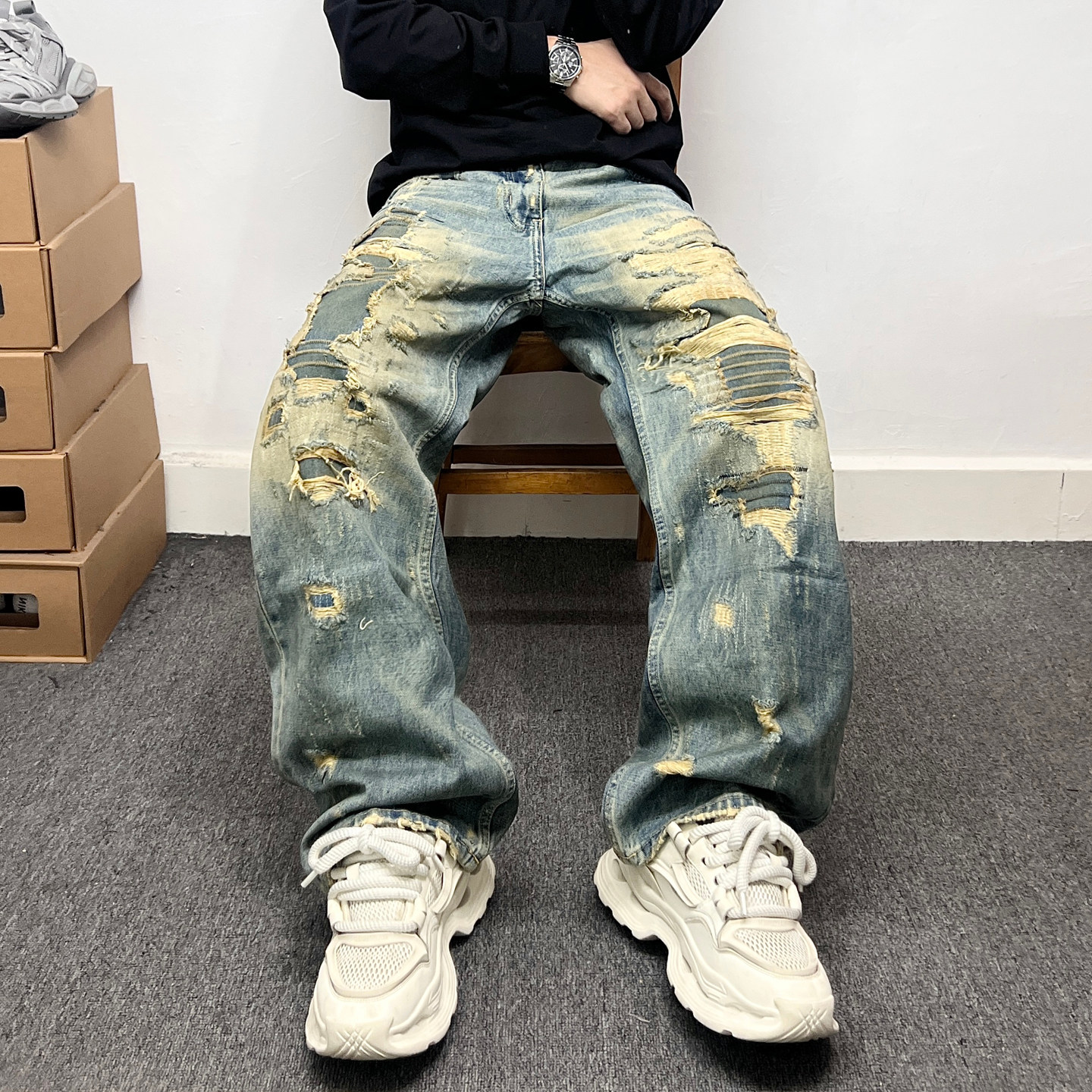 潮流做旧破洞贴布牛仔裤男款痞帅街头风宽松直筒合体微喇叭长裤子,男装,牛仔裤,淘宝优惠券,粉丝福利购,淘宝优惠卷