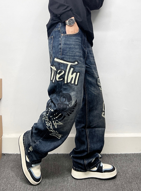 潮牌卡通涂鸦牛仔裤男复古做旧宽松直筒裤个性印花街头风痞帅长裤