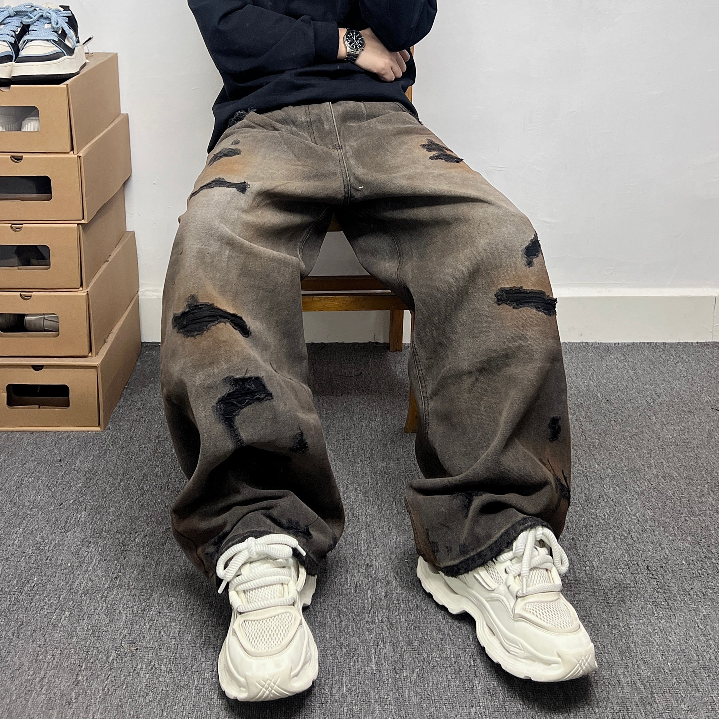 复古水洗做旧假破洞贴布牛仔裤男款直筒长裤痞帅街头风嘻哈阔腿裤,男装,牛仔裤,淘宝优惠券,粉丝福利购,淘宝优惠卷