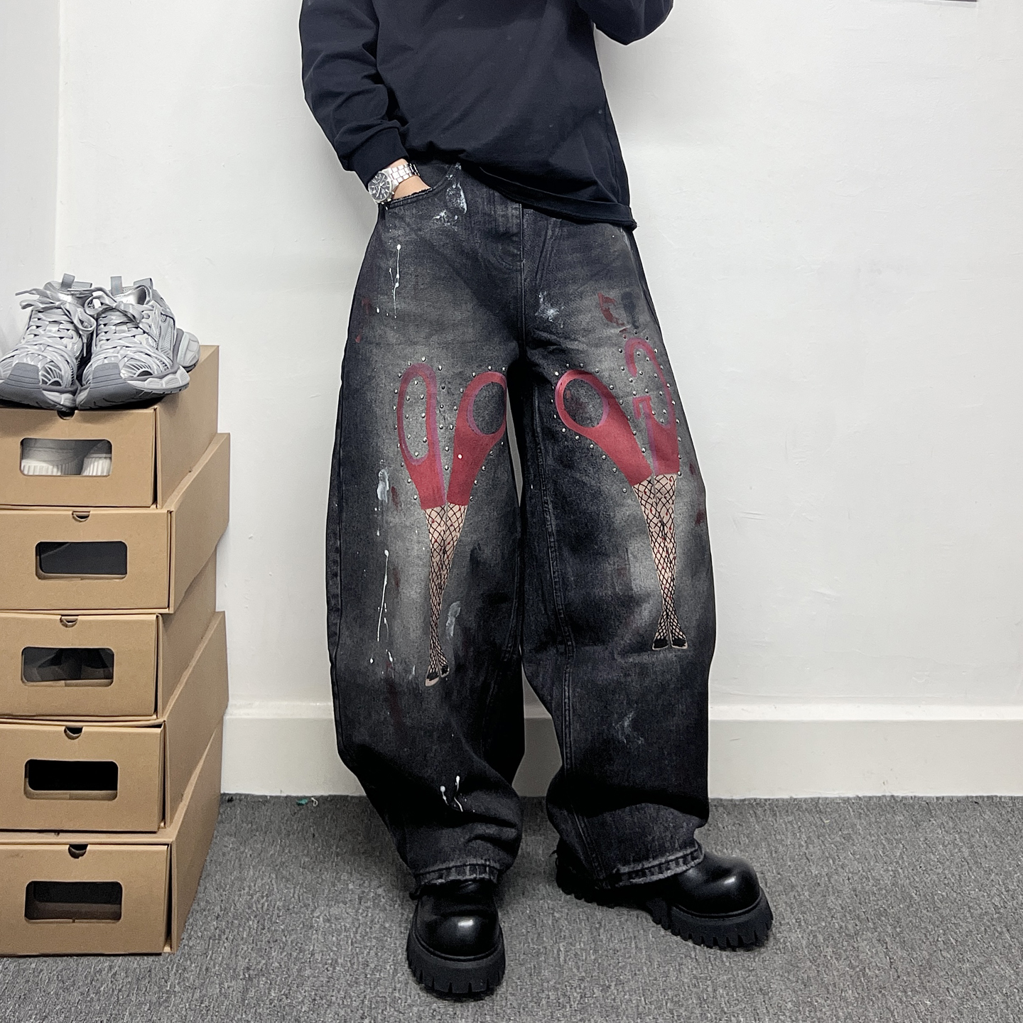 重磅水洗黑灰色做旧泼墨印花直筒牛仔裤男款潮牌痞帅发型师阔腿裤