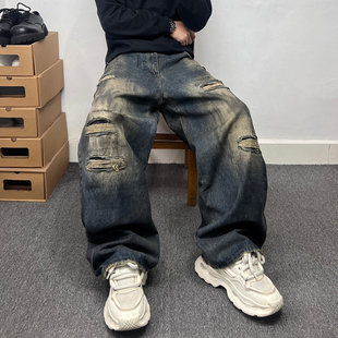 街头复古脏脏裤 男宽松阔腿长裤 嘻哈风做旧破洞补丁加长牛仔裤 美式