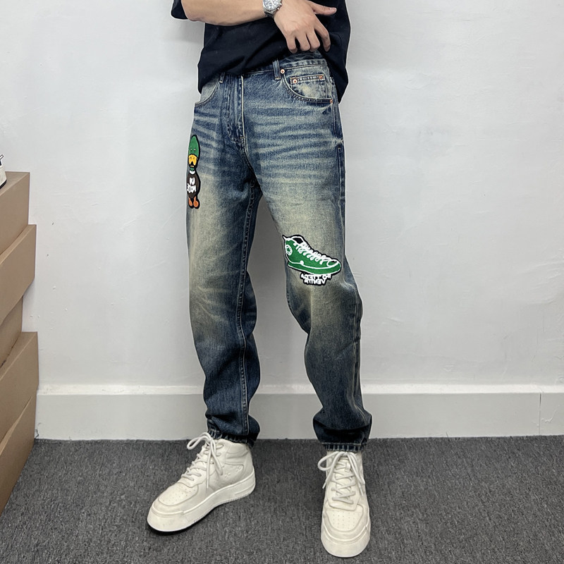 潮牌痞帅个性小鸭子鞋子刺绣微垮牛仔裤男时尚轻奢复古小直筒长裤,男装,牛仔裤,淘宝优惠券,粉丝福利购,淘宝优惠卷