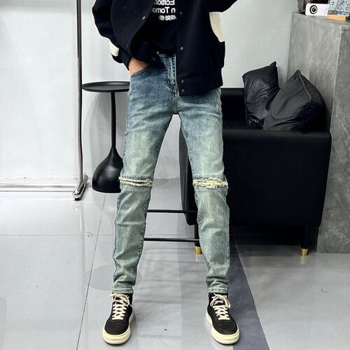 假破洞复古长裤牛仔裤水洗小脚裤