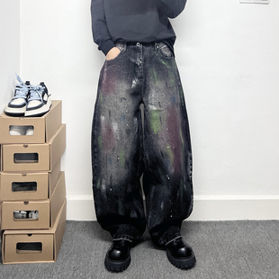 潮牌痞帅水洗做旧宽松黑色阔腿直筒裤 男 子欧美街头涂鸦泼墨牛仔裤