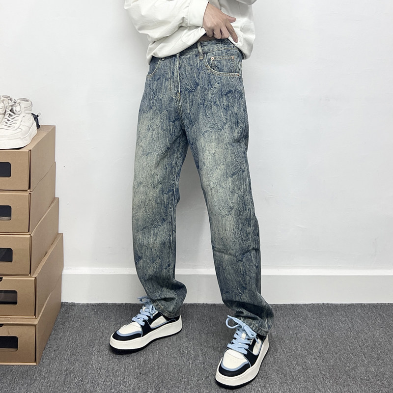 高端水洗潮牌复古牛仔裤男士宽松直筒全棉显瘦显高发型师长裤青年