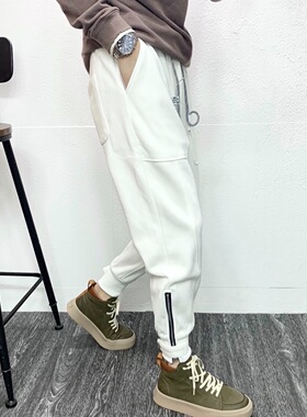 白色运动裤男士休闲裤子宽松拉链束脚修身灰色卫裤男春秋小脚裤潮