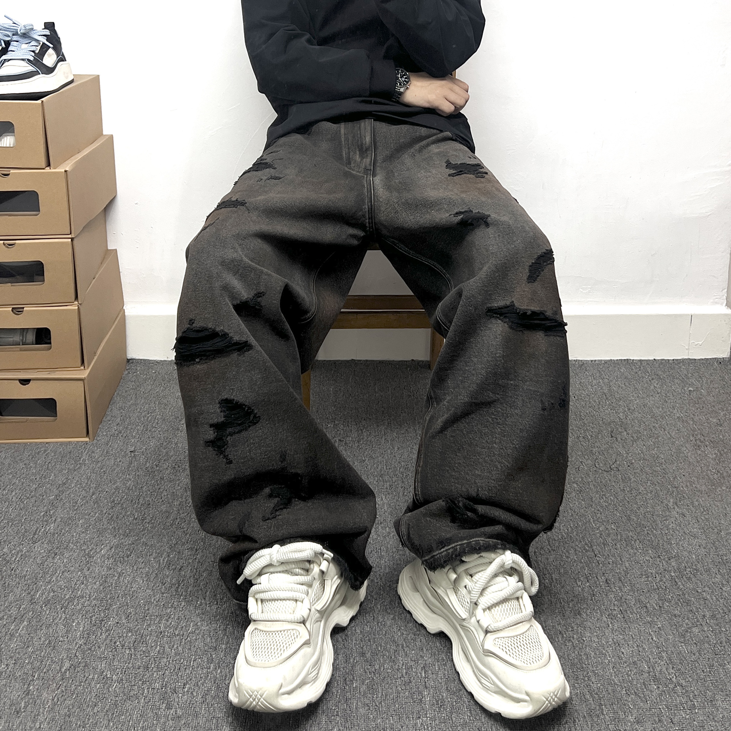 潮牌痞帅复古水洗做旧假破洞贴布牛仔裤男士宽松加长阔腿直筒长裤