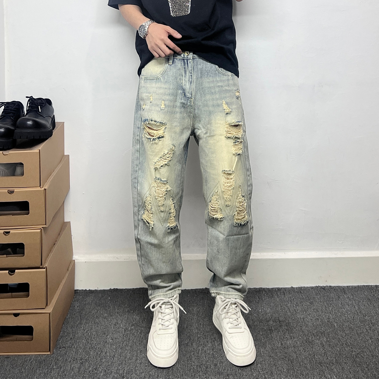 潮牌复古水洗做旧破洞牛仔裤男夏季薄款小脚九分裤潮流痞帅锥形裤