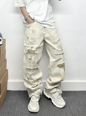 美式复古做旧破洞补丁牛仔裤男款潮牌痞帅大码宽松嘻哈阔腿长裤子