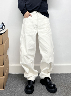 白色加绒牛仔裤男2025新款cleanfit简约百搭拼接设计弯刀直筒裤子
