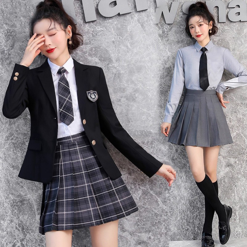 黑色学院风西装套装百褶裙气质春秋职业JK工作服西服正装学生制服