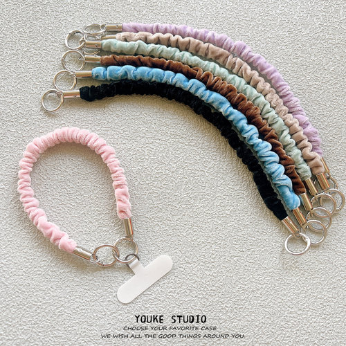 ins简约纯色绒布褶皱短绳手腕绳带夹片手机壳挂绳短款手绳ccd相机