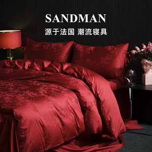 Sandman高档结婚四件套大红色婚庆喜嫁100S长绒棉喜被床上床品