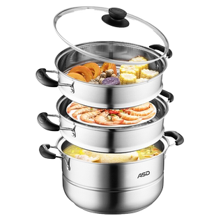 爱仕达蒸锅不锈钢三层加厚家用28cm大容量炖锅蒸笼蒸包子三层锅具