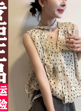 0617 韩系挂脖飘带印花V领小衫2026夏季新款气质减龄无袖衬衫
