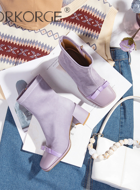 原创新款手工灰紫色复古蝴蝶结方头粗高跟气质瘦瘦靴弹力短靴2025