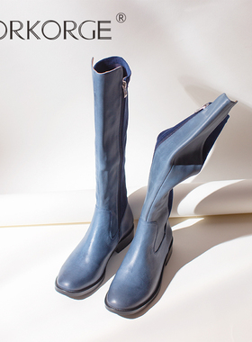 原创新款手工复古蓝色长筒弹力靴瘦瘦靴真皮粗跟平底瘦腿高筒靴女