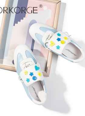 2025新款原创全手工小木扣AB鸳鸯德迅蓝色小皮鞋真皮舒适平底鞋女