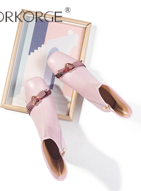 原创新款仙女风爱心蝴蝶结方头小粗跟瘦瘦靴粉紫色真皮高跟鞋短靴