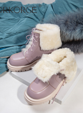 原创新款手工复古紫色雪地靴女靴真皮圆头粗跟马丁靴真毛短靴2025