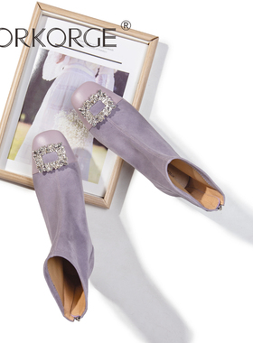 2025新款秋冬高级文艺浅紫色弹力靴方头中粗跟瘦瘦靴真皮短靴女靴