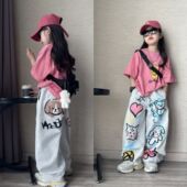 衫 女童夏季 儿童休闲短袖 涂鸦牛仔裤 两件套 潮流穿搭2025中大童长款