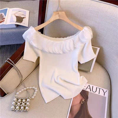 法式白色一字领短袖针织衫女夏季洋气减龄修身显瘦高级感气质上衣