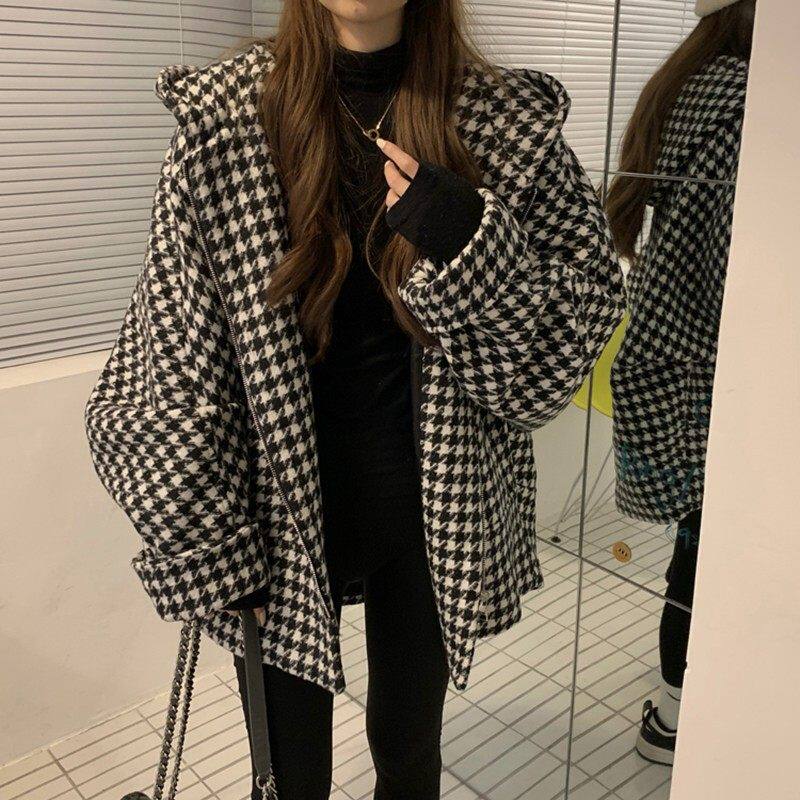 胖妹妹千鸟格外套女春秋