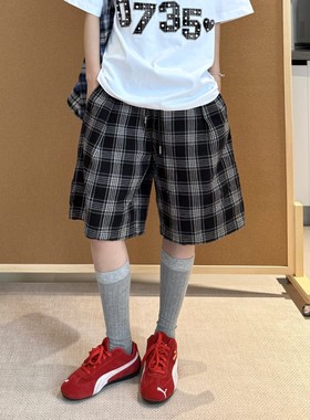 PFR AND夏季黑色纯棉格子短裤 松紧腰休闲宽松五分裤男女百搭裤子