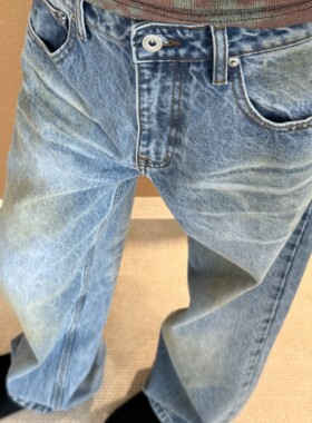 PFR AND蓝色水洗牛仔裤 脏脏做旧复古长裤中腰宽松男女休闲直筒裤