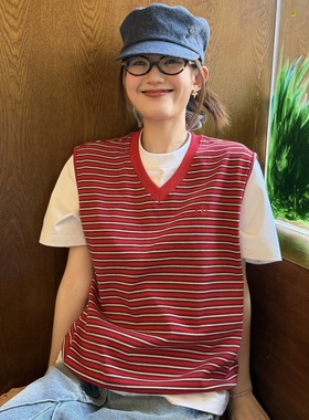 PFR AND红色条纹V领背心 春夏韩系简约针织马甲百搭无袖叠穿上衣