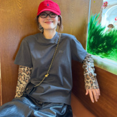 圆领T恤春夏纯棉百搭休闲层次感长袖 PFR AND豹纹假两件长袖 tee